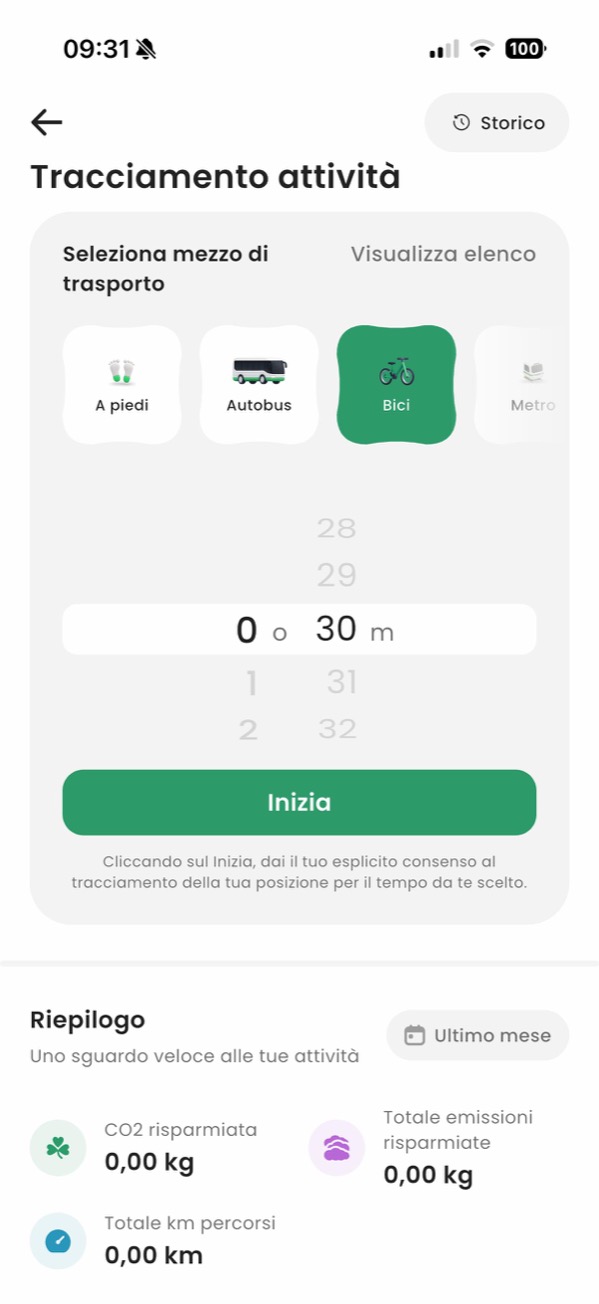 Schermata «Tracciamento attività» dell’app Mobility Company