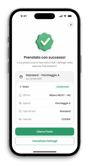 L’app Mobility Company con la conferma di un posto auto prenotato