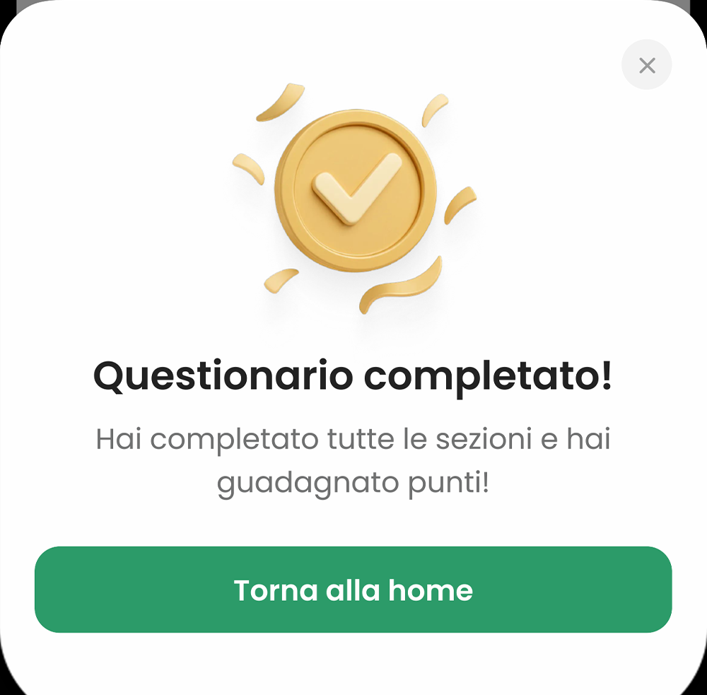 Schermata dell’app: questionario completato e punti guadagnati