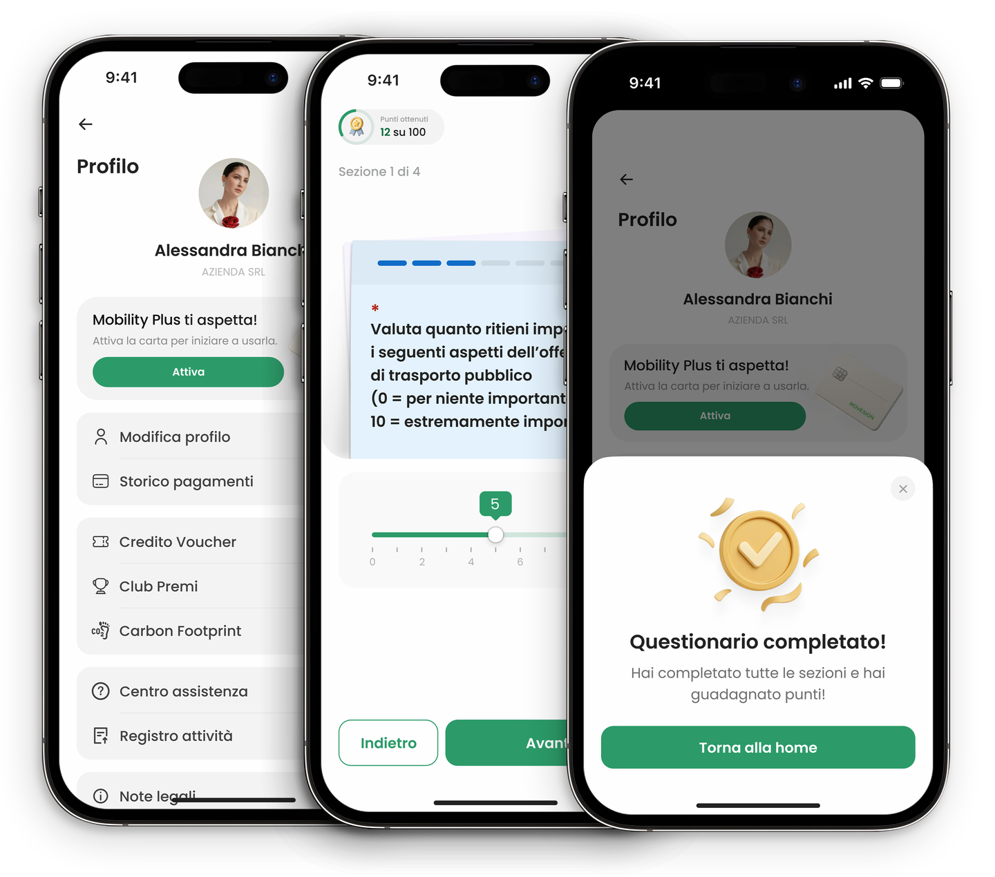Tre schermate dell’app Mobility Company: profilo, questionario di mobilità e conferma di completamento