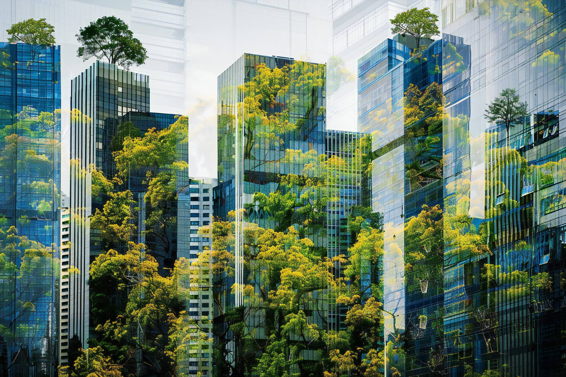Facciate di vetro di grattacieli con terrazzi coperti di alberi