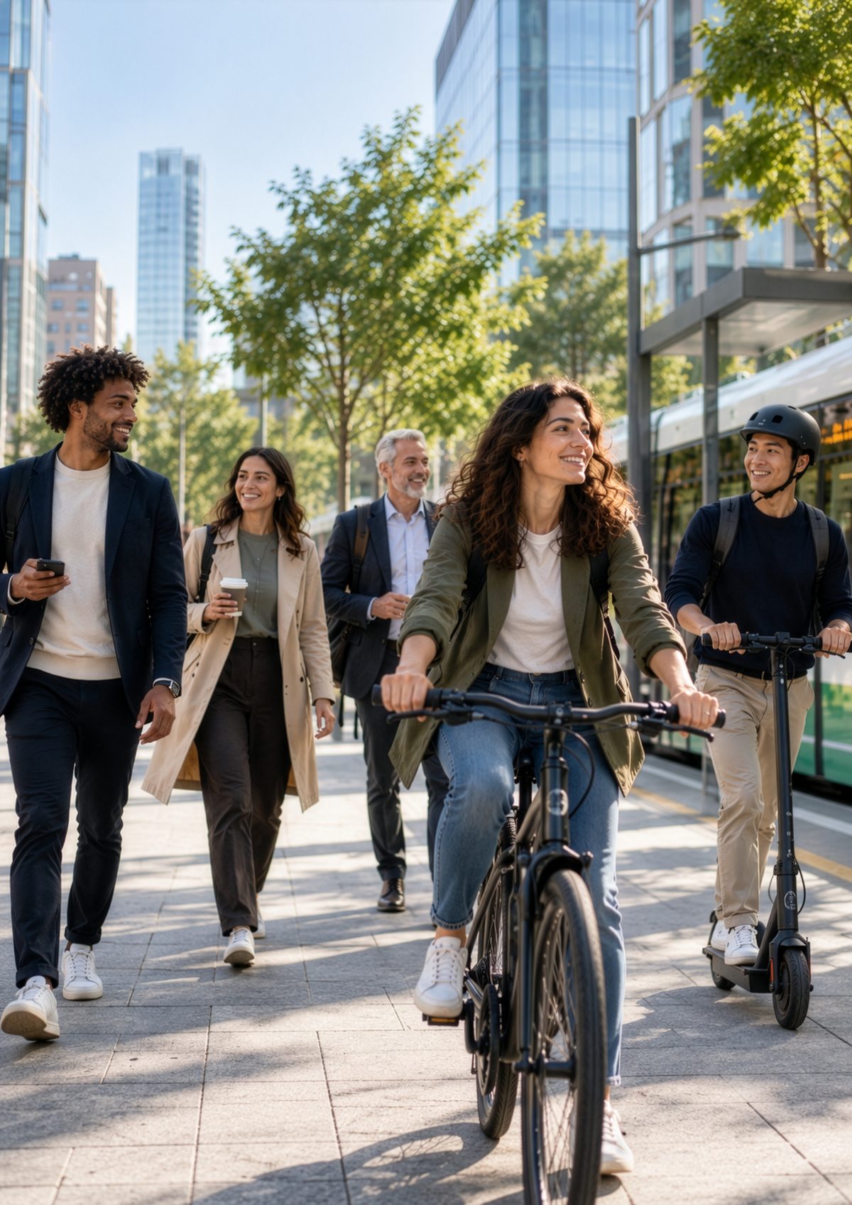 Colleghi che vanno al lavoro in bicicletta e a piedi lungo una strada di città